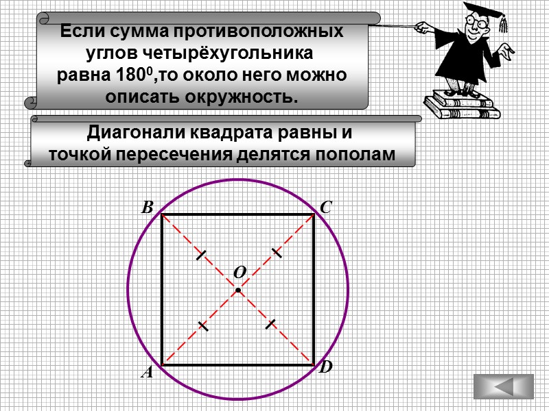 Если сумма противоположных углов четырёхугольника  равна 1800,то около него можно описать окружность. А